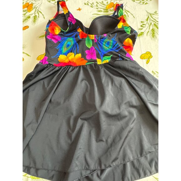 Great Lengths Womens Swim Dress Black Tropical Floral & Peacock Feather  20W - Picture 2 of 8
